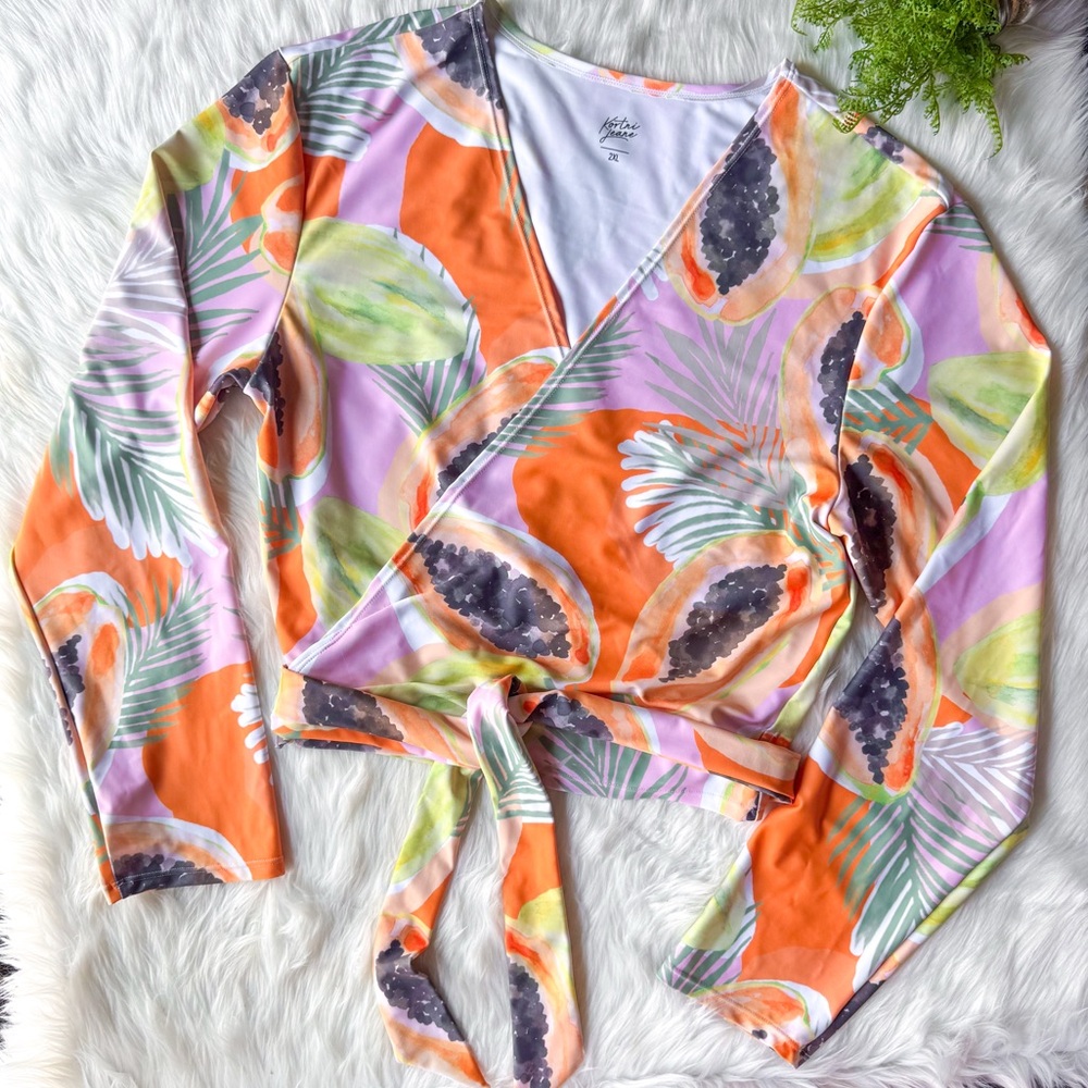 Kortni Jeane Wrap Tie Top Swim Rashguard Tropical Papaya 2XL